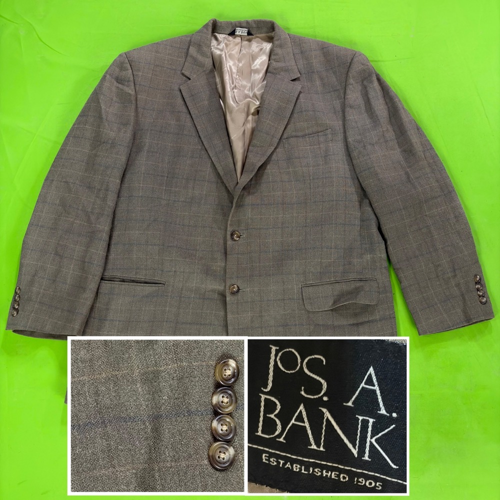 Jos A Bank Silk/Wool Blazer Mens 50L Gray Windowpane Big/Tall Sport Coat Jacket
